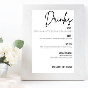 EDITABLE Drink Menu Template for printing- Instant Download - Perfect for Wedding, Birthdays, or any special Occasion