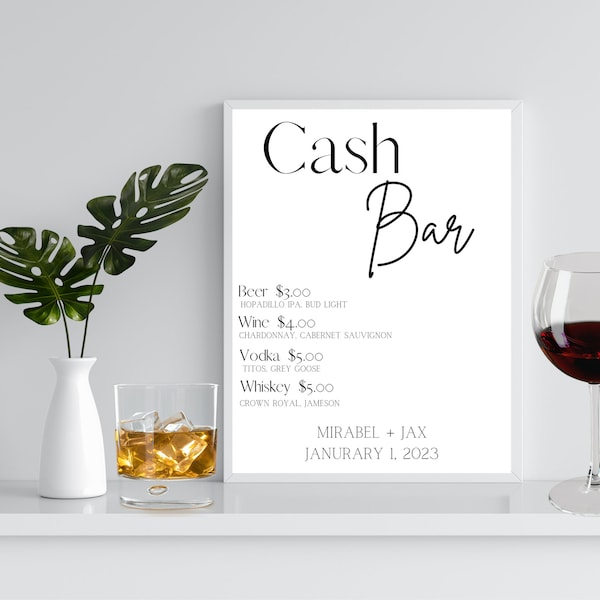 EDITABLE Cash Bar Menu Template for printing- Instant Download - Perfect for Wedding, Birthdays, or any special Occasion