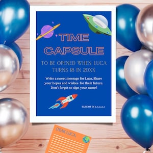 Tijdcapsule-sjabloon: Tijdcapsule eerste verjaardag, Tijdcapsule-babyshower, Tijdcapsule-kaarten, verjaardagsfeestje met ruimtethema