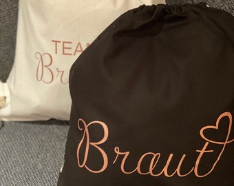 Turnbeutel, Stoffbeutel „Team Braut“ oder „Braut“ in schwarz oder weiß. Accessoire für den Junggesellenabschied, jga