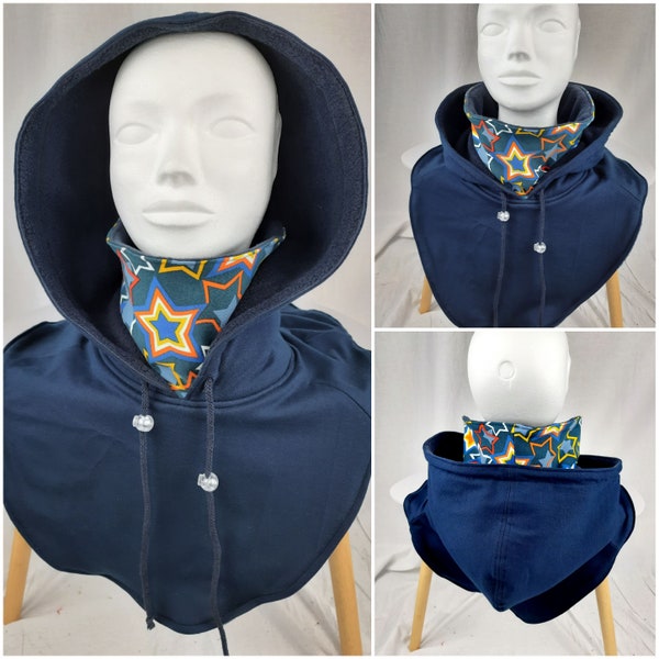 Capuche, col et plastron bleu marine, col à étoiles, avec intérieur en polaire