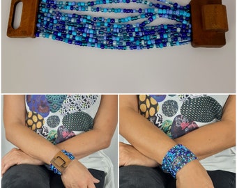 Handmade bracelet, blue tone beads, wooden clasp