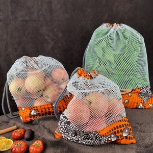 Lot de 3 sac en wax et filet pour fruits et légumes, vrac. Zéro déchet