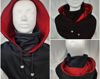 Capucha con interior polar: capucha + cuello + pechera, negro y rojo