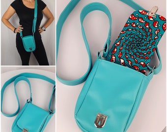 Sac turquoise bandoulière réglable, doublure originale colorée