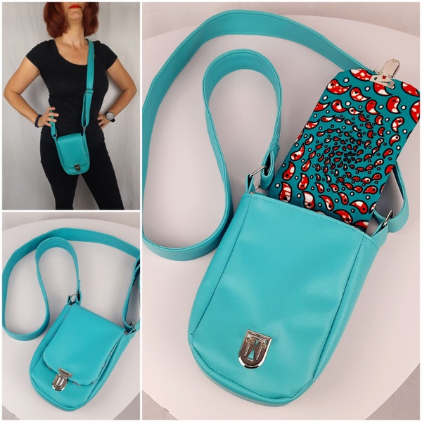 Sac turquoise bandoulière réglable, doublure originale colorée