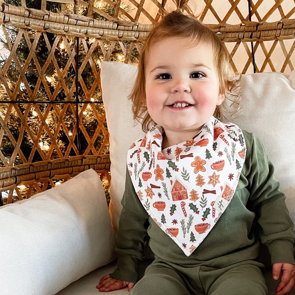 Organic Bandana Bib for Babies + Toddlers in Sugar and Spice | Organic Cotton | Christmas Holiday Gingerbread | Adjustable Baby Bib