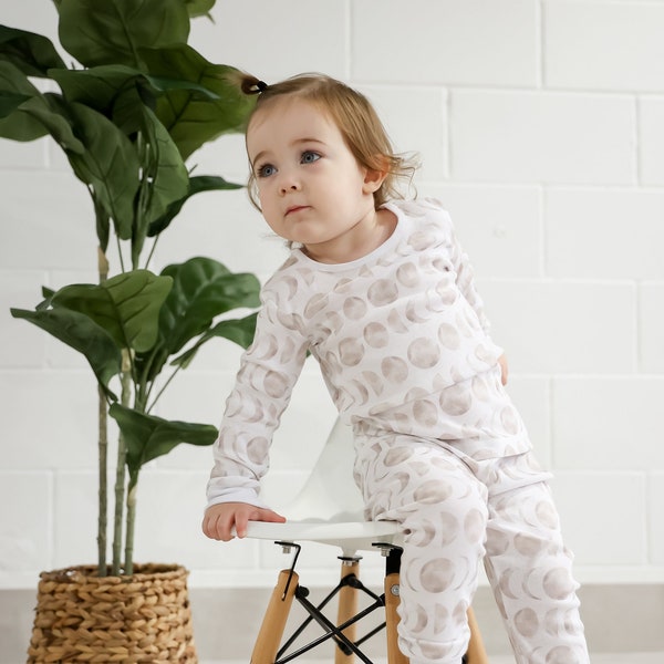 Organic Two-Piece Sleep Set in Luna | Phases of the Moon Pajamas | Baby / Toddler Unisex PJs | Moon Pattern Kids Pajamas