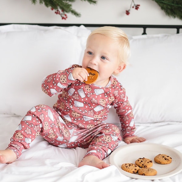Organic Baby Toddler Pajamas in Milk and Cookies | Holiday Christmas Pajamas | Two Piece Sleep Set| Zip Romper | Newborn Hat + Gown | Bib