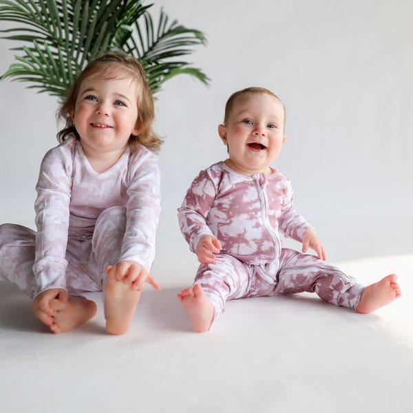 Organic Baby Toddler Pajamas in Neutral Tie Dye | Boho Neutral PJs | Two Piece Sleep Set| Double Zip Romper | Newborn Hat + Gown Set