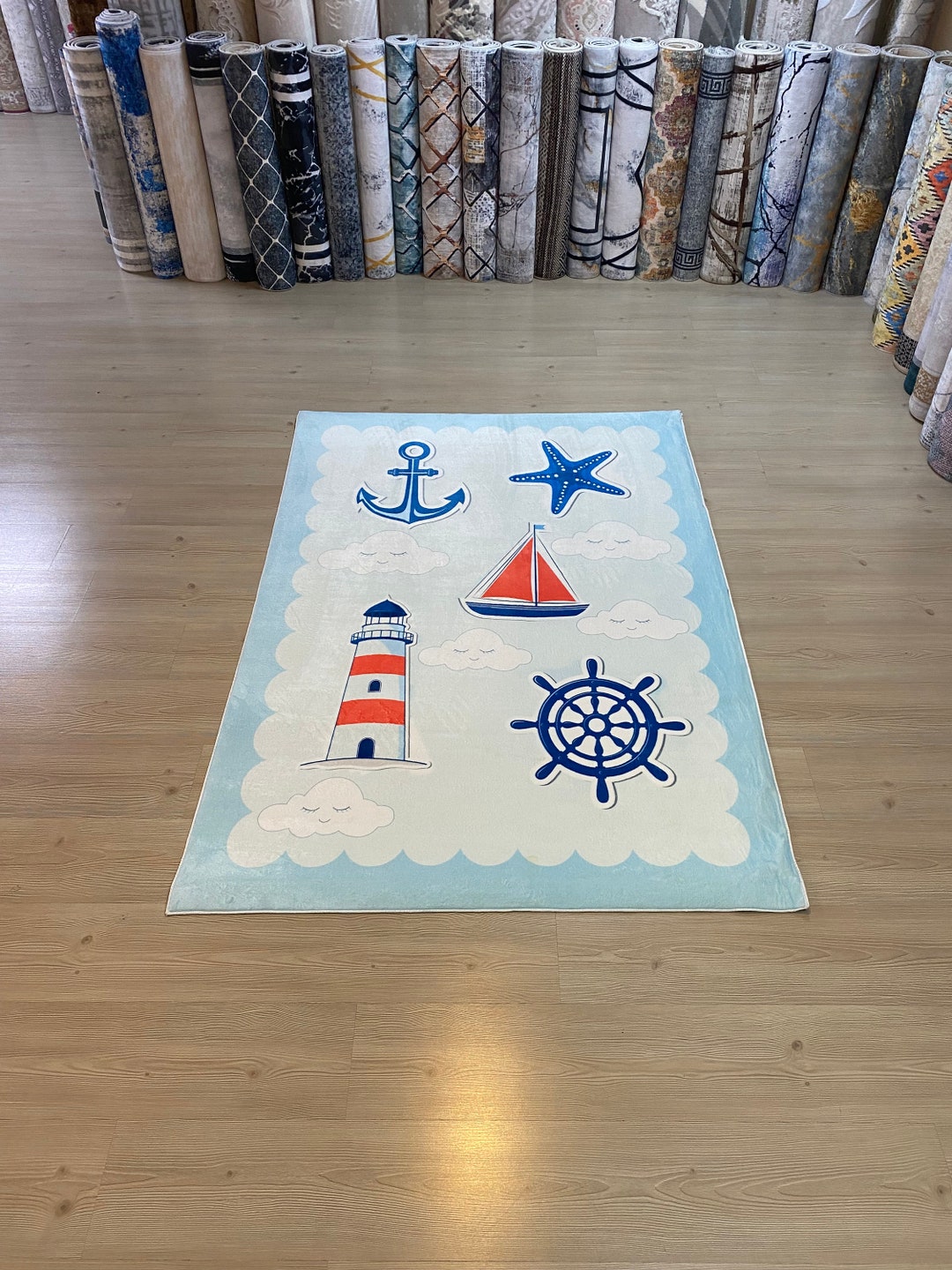 Blue Color Kids Room Carpet Sailor Rug Sea Kids Rug Marina Etsy