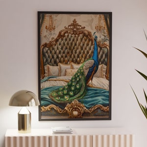 Decoración de pared maximalista de pavo real, póster maximalista, arte de pared victoriano, decoración de habitación psicodélica retro de los años 70, póster de pavo real, arte de pared para dormitorio