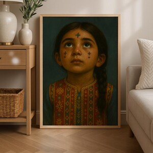 May include: A framed portrait of a young girl with dark hair and eyes, gazing upward. She wears a colorful embroidered top with a red, orange, and green pattern. Small cross-shaped markings are on her forehead and cheeks. The artwork is displayed in a living room setting.