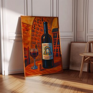 Plakat z motywem wina w stylu vintage z połowy wieku, sztuka ścienna w stylu retro do kuchni lub baru, wystrój inspirowany czerwonym winem w stylu bliskowschodnim