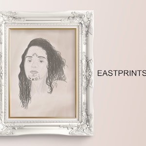 May include: A black and white drawing of a person with long curly hair. The person has a variety of symbols drawn on their face.