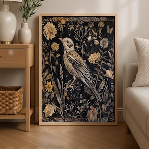 Bird Dark Academia, Cottagecore Decor, Forest Bird with Botanicals, Halloween, Vintage Cottagecore Moody Art Print, Dark Aesthetic, DIGITAL