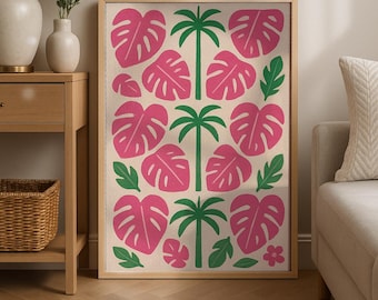 Tropical Monstera Palm Tree Print | Pink & Green Boho Wall Art