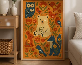 Woodland Animals Folk Art Poster | Kids Room Wall Decor | Bear, Owl, Fox & Birds Illustration