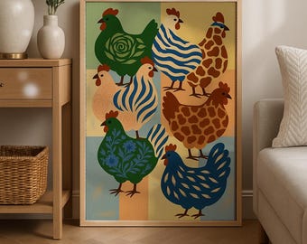 Impression colorée de poulet : art folklorique de ferme, décoration de cuisine bohème