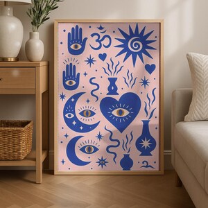 Blue and White Mystic Print: Spiritual Folk Art, Coquette Room Decor