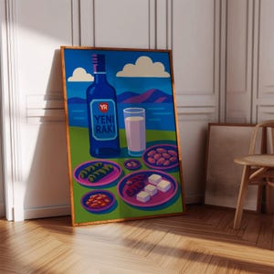 ウォールアート、トルコのラク・アラックのポスター、70年代のレトロなビンテージ水彩アルコール飲料キッチン装飾、カラフルなドーパミンにインスパイアされた新しいラクのアートワーク