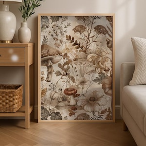 Mushroomcore Wall Art | Cottagecore Botanical Print | Farmhouse Decor | Vintage Mushroom Illustration | Forest Witchy Art
