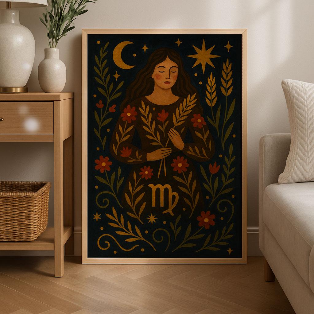 Virgo Zodiac Art Print: Dark Celestial Folk Art - Etsy