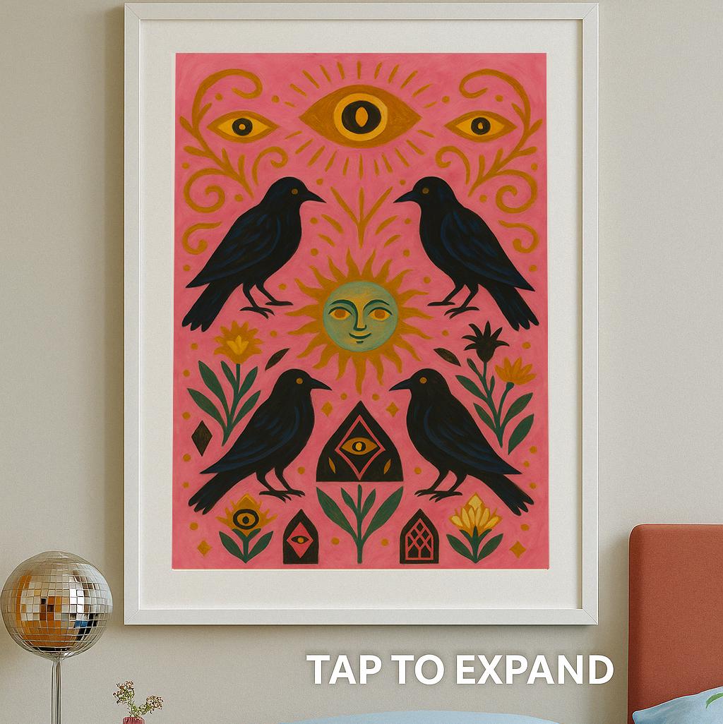 Pink Raven Wall Art | Mystic Crow Psychedelic Print | Funky Folk Bird ...