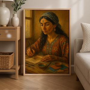 May include: A framed painting depicts a person with dark hair and a blue headscarf, focused on drawing. The person wears a patterned orange and teal top. The artwork is set on a wooden table with art supplies, including paint and brushes.
