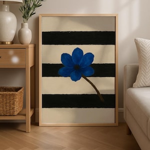 Blue Flower Zebra Line Art Print: Botanical Minimalist Decor