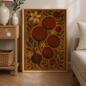 Könnte beinhalten: Ein gerahmter Kunstdruck mit einer stilisierten Illustration von Rüben und floralen Elementen. Das Kunstwerk zeigt eine warme Farbpalette mit Braun-, Rot- und Grüntönen. Das Design umfasst eine große Rübe, geschnittene Rüben, Blumen und Blätter.