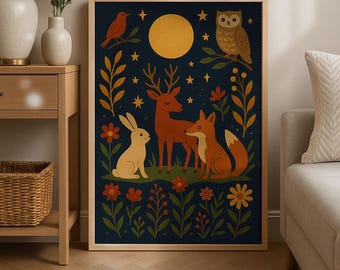 Woodland Animals at Night | Folk Art Animal Print | Nursery Wall Art
