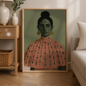 Kurdish Woman Poster Deq Tattoo Art Print, Middle Eastern Art Iraqi Woman Portrait Ethnic Art Traditional Tattoo Vintage Pink and Sage Green