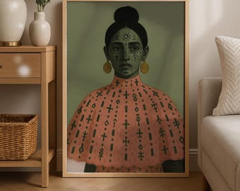 Kurdish Woman Portrait Art Print: Traditional Deq Tattoo Design