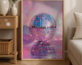 Pink Disco Ball Art Print, Retro 70s, Groovy Decor