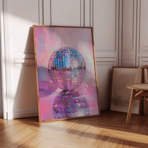 Vintage Disco Ball Poster, Pink Disco Ball, Disco Print, Aesthetic Wall Art Print, Minimalist Dancing Decor Retro Art