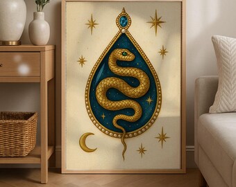 May include: A framed art print featuring a golden snake within a blue teardrop shape, adorned with stars and a crescent moon. The artwork has a vintage aesthetic, with a gold frame and a light beige background.