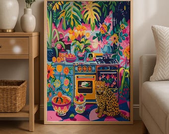 Jungle Kitchen Art Print: Leopard, Floral, Maximalist Decor (Digital Download)