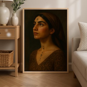 May include: A framed portrait of a woman with brown hair and a brown headscarf. The woman has a cross tattoo on her forehead and other small tattoos on her face and neck. She wears a brown patterned dress. The artwork is displayed in a light wood frame.