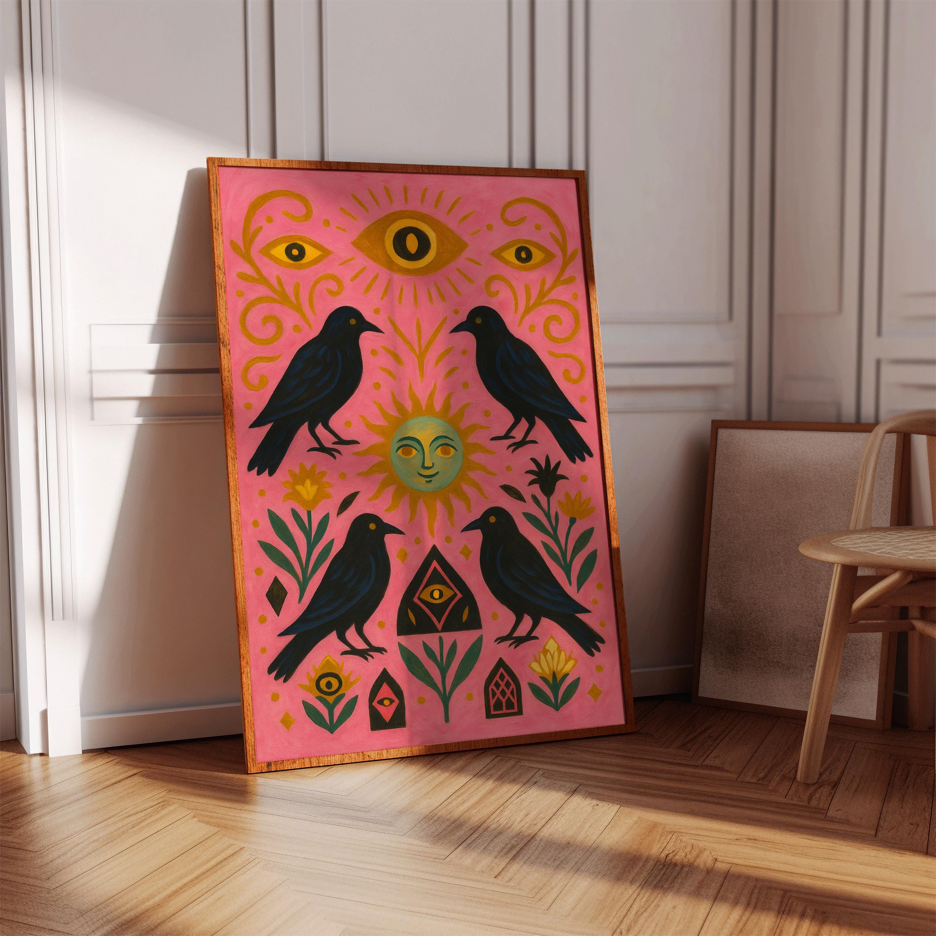 Pink Raven Wall Art | Mystic Crow Psychedelic Print | Funky Folk Bird ...