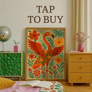 Arte murale / Stampa retrò di fenicotteri tropicali / Poster folk di fiori e uccelli / Decorazione estiva boho con animali / Illustrazione botanica calda