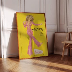 Póster de revista retro, impresión de pared de los años 70, póster amarillo y rosa, póster estético, póster de habitación de niña, impresión retro, arte de pared psicodélico