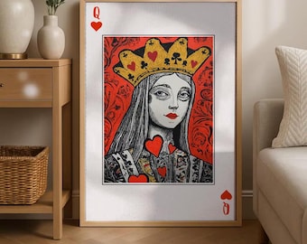 Queen of Hearts Playing Card Poster: Retro Minimalist Wall Art