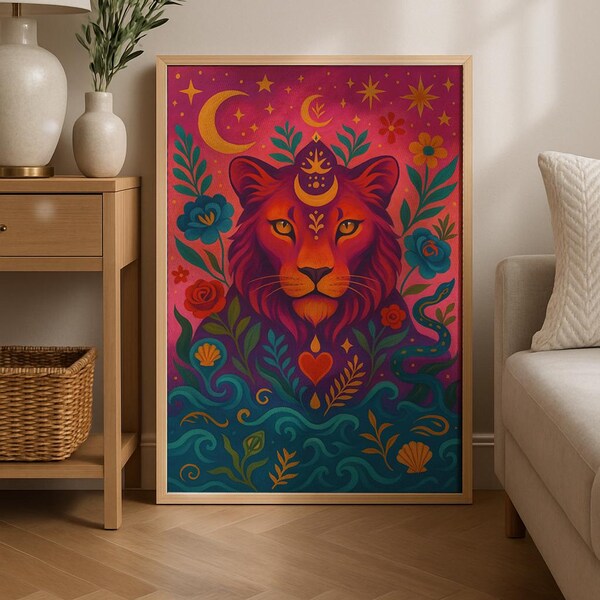 Lion Goddess Art Print: Psychedelic Jungle, Celestial Decor