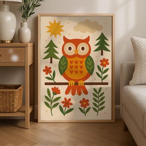 Retro Owl Folk Art Print | Vintage Woodland Nursery Decor | Mid Century Modern Kids Wall Art