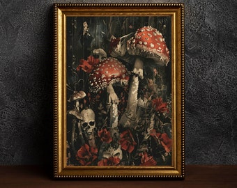 Moody Moss Mushroom Wall Print, Floral Dark Academia, Woodland Mushrooms, Halloween, Vintage Poster, Gothic Oil Painting, Dark Cottagecore