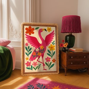 Wandkunst | Pinker Flamingo Druck | Retro Kokette Vogel Poster | Bunter Sommer Boho Dekor | Tropische Baumkunst Illustration