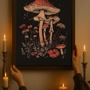Impressão de parede de cogumelo Moody Moss, Academia escura floral, cogumelos da floresta, Halloween, pôster vintage, pintura a óleo gótica, Cottagecore escuro