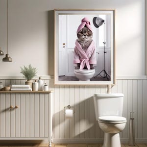 Funny Cat in Pink Bathrobe Bathroom Poster (Digital Download)