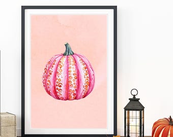 Rosa pumpa akvarelltryck: Boho höstdekor (digital nedladdning)